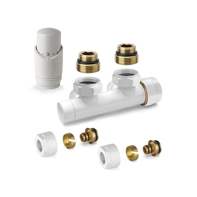 Valves for heated towel rails White thermostatic square H valve kit with adapter for multilayer pipes APM 343KB 015 M 16 12