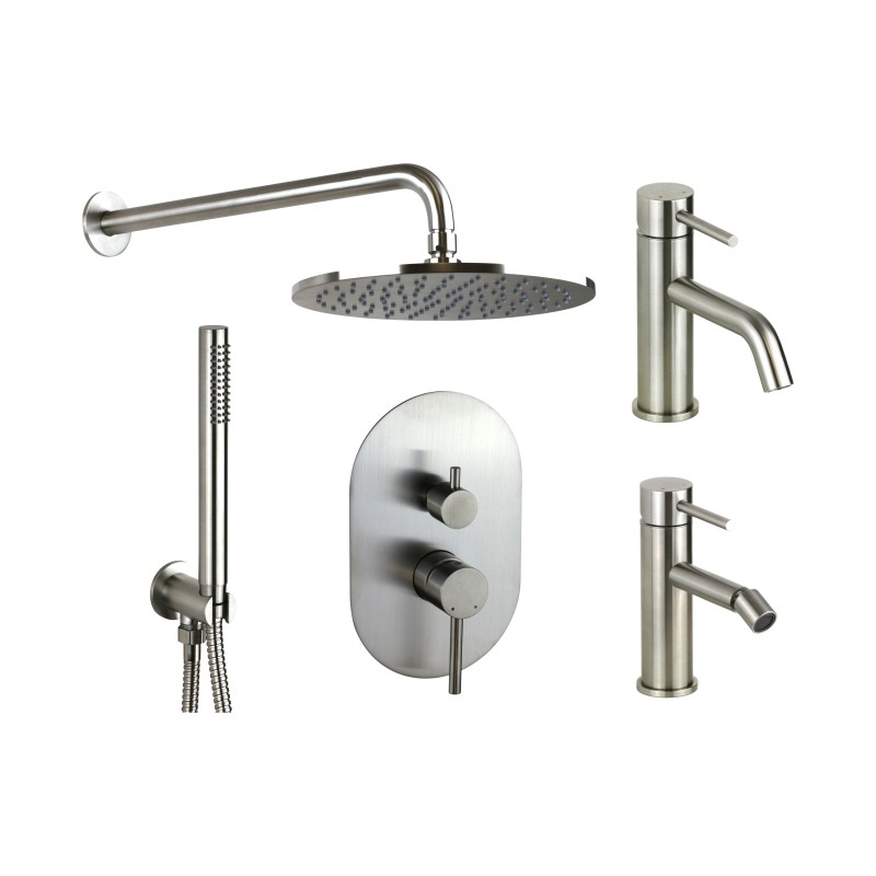 Badarmaturen Set Komplettes Bidet-Waschtischmischer- und Duschset aus Edelstahl AISI 316 Pollini Jessy Steel KITJESSYSTEEL2