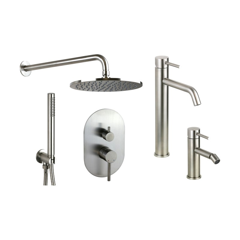 Robinet de salle de bain Kit complet avec mitigeurs de lavabo bidet haut et kit de douche en acier AISI 316 Pollini Jessy Steel 