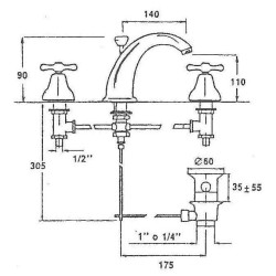 Robinets de lavabo 3 composants Robinet de lavabo double levier 3 trous, coloris chrome-or Resp Old America ART.69.120