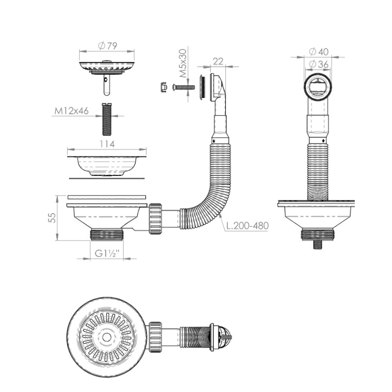 Drains pour éviers Vidange noir mat Ø114 pour évier trou Ø90 avec trop plein L.B. PLAST D670-46-R-ON