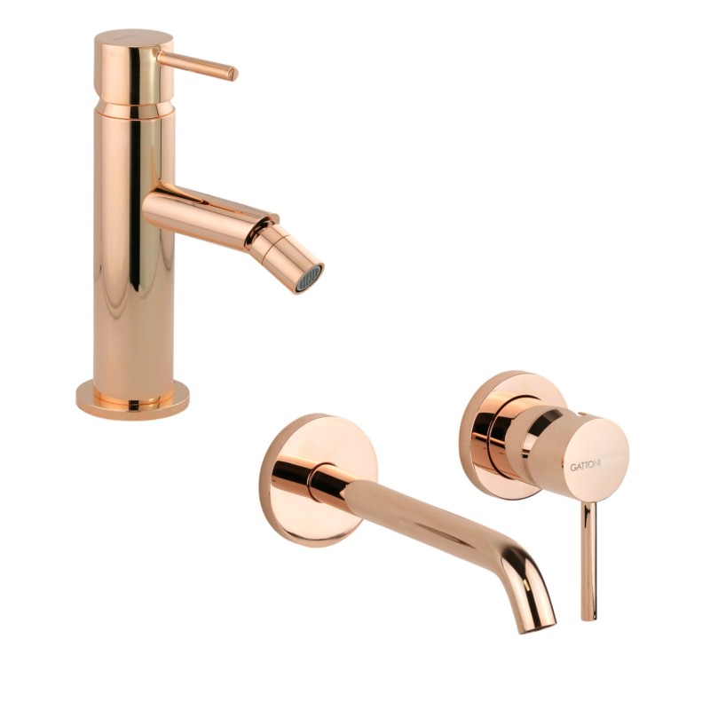 Juego de grifo de baño Conjunto monomando de lavabo y bidé de pared en color oro rosa Gattoni Easy KITEASYRS3