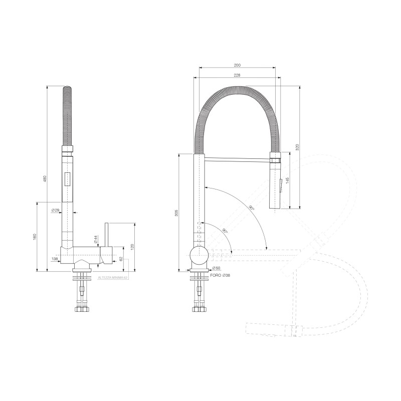 Rubinetti Cucina Sottofinestra Miscelatore cucina con molla canna abbattibile nero opaco Nice 29034M1NO