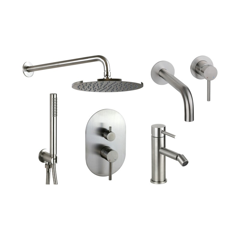 Set Rubinetteria Bagno Kit completo miscelatori lavabo a parete bidet e kit doccia acciaio AISI 316 Pollini Jessy Steel KITJESSY