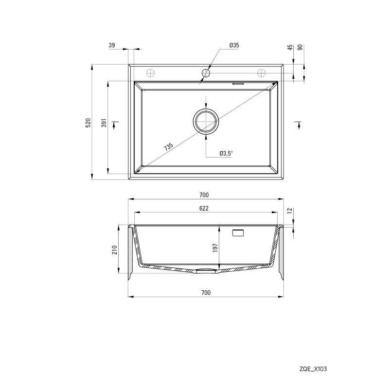 Lavabos en material compuesto Fregadero de cocina de 1 cubeta de 700 cm en color gris metalizado Deante Eridan ZQE_T103