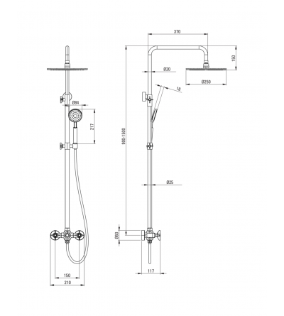 Duschsäulen mit Mischer Duschsäule mit mechanischem 2-Wege-Mischer in der Farbe gebürstetes Messing Deante Temisto NAC_M4QT