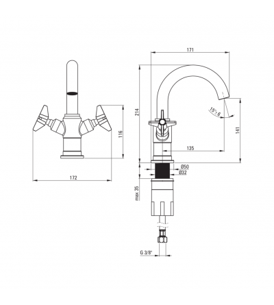 2-handle Waschbasin mixer Single hole double lever basin mixer in brushed brass colour Deante Temisto BQT_M20D