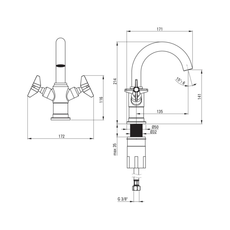 Rubinetti Lavabo 2 Maniglie Miscelatore monoforo per lavabo a doppia leva colore ottone spazzolato Deante Temisto BQT_M20D