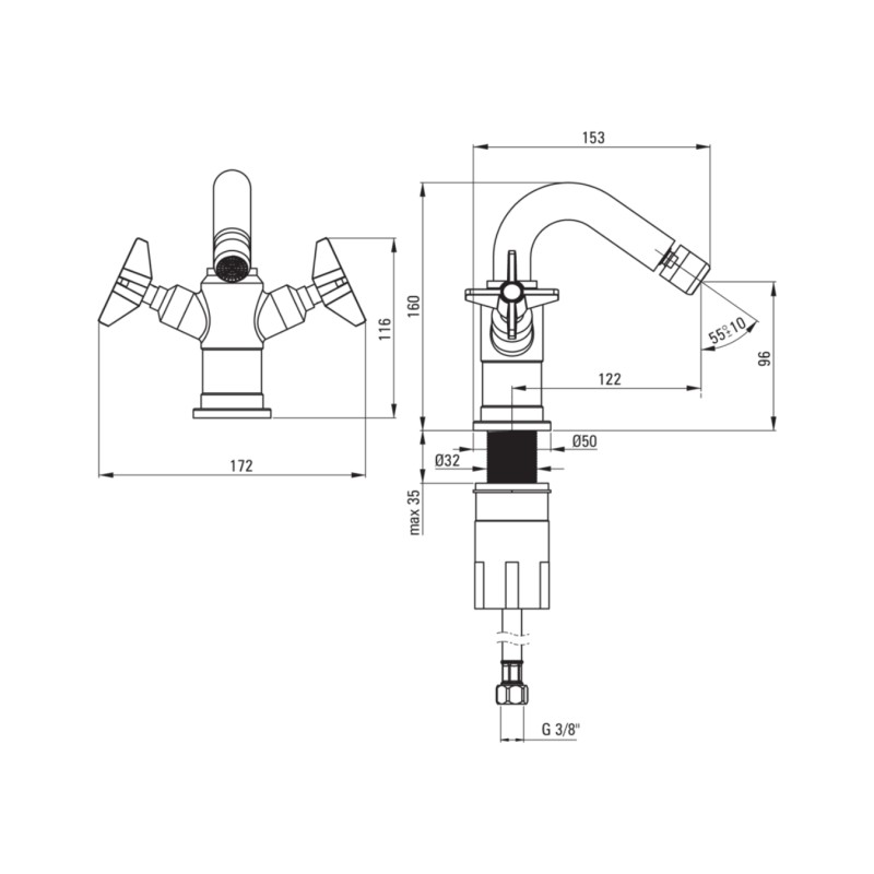 Bidet mixer two Handle Single hole bidet mixer with double lever in brushed brass colour Deante Temisto BQT_M30D