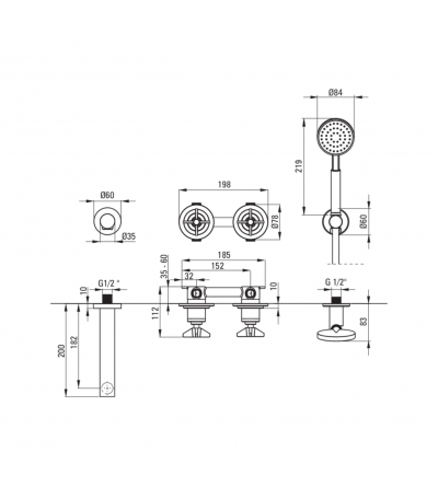 Robinets pour baignoire deux boutons Ensemble de baignoire avec mitigeur mécanique 2 voies couleur laiton brossé Deante Temisto 