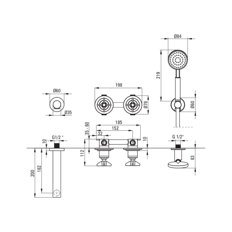 Robinets pour baignoire deux boutons Ensemble de baignoire avec mitigeur mécanique 2 voies couleur laiton brossé Deante Temisto 