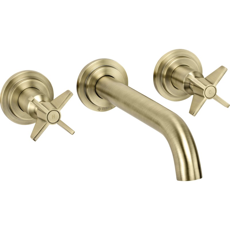 rubinetti lavabo a parete Wall-mounted double lever basin mixer in brushed brass colour Deante Temisto BQT_M54D