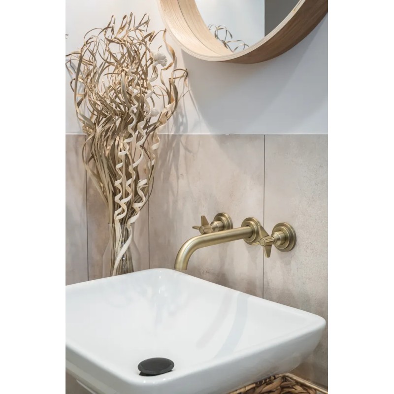 rubinetti lavabo a parete Wall-mounted double lever basin mixer in brushed brass colour Deante Temisto BQT_M54D