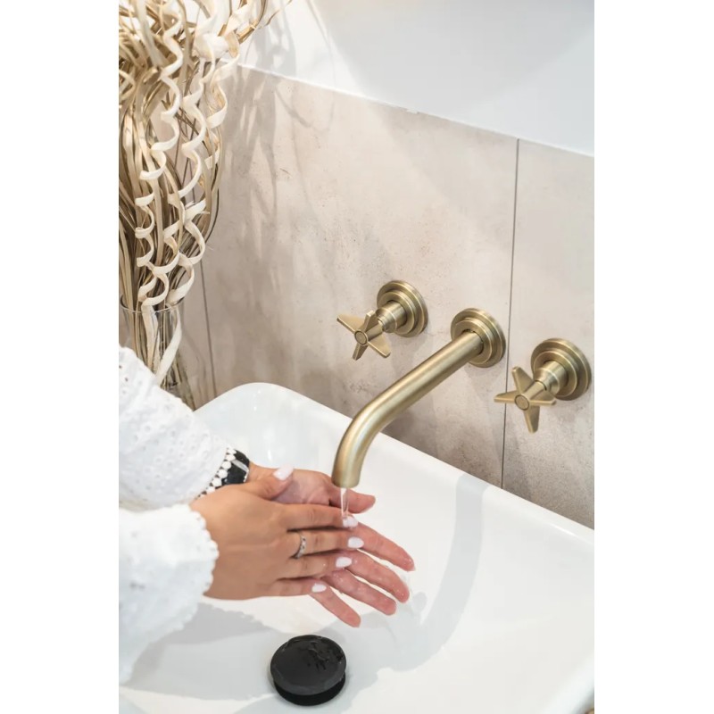 rubinetti lavabo a parete Wall-mounted double lever basin mixer in brushed brass colour Deante Temisto BQT_M54D