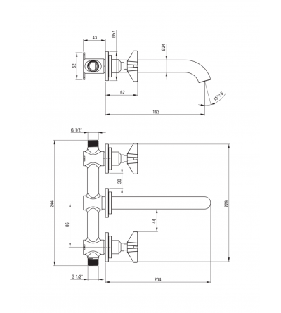 rubinetti lavabo a parete Wall-mounted double lever basin mixer in brushed brass colour Deante Temisto BQT_M54D