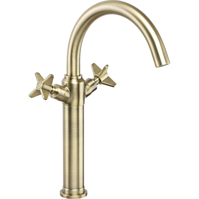 Washbasin taps High model single hole basin mixer with double lever in brushed brass colour Deante Temisto BQT_M25D