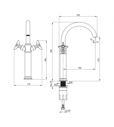 Washbasin taps High model single hole basin mixer with double lever in brushed brass colour Deante Temisto BQT_M25D