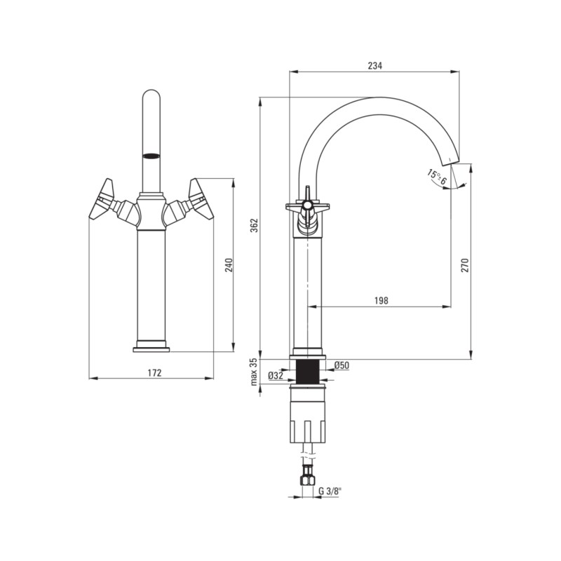 Washbasin taps High model single hole basin mixer with double lever in brushed brass colour Deante Temisto BQT_M25D