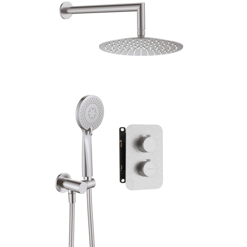 Full Shower Kit Complete shower kit with thermostatic mixer and built-in box body in brushed steel colour Deante Box BXYZFEBT