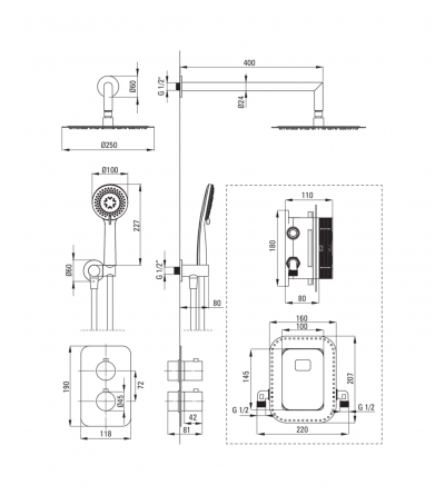 Full Shower Kit Complete shower kit with thermostatic mixer and built-in box body in brushed steel colour Deante Box BXYZFEBT