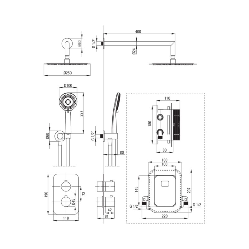 Full Shower Kit Complete shower kit with thermostatic mixer and built-in box body in brushed steel colour Deante Box BXYZFEBT