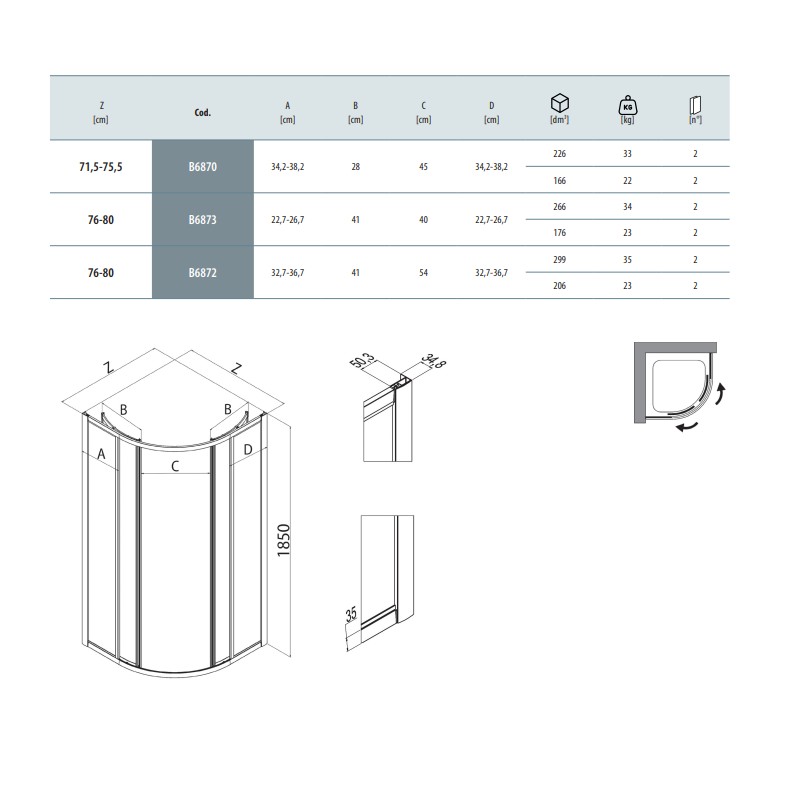 cabine de douche ronde Paroi de douche ronde avec verre imprimé 80 x 80 cm Samo America B6873