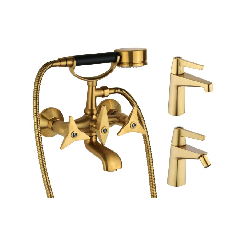 Bathroom Faucet Set Set aus Einloch-Waschtisch- und Bidetmischern und Badewanne in der Farbe gebürstetes Messing Mamoli Gio Pont