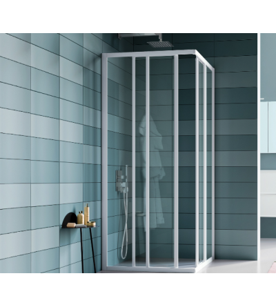 Corner shower cubicle Corner shower enclosure 80 x 80 cm with sliding doors in white profile Samo America B6818L01TR