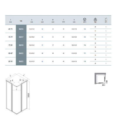 Corner shower cubicle Corner shower enclosure 80 x 80 cm with sliding doors in white profile Samo America B6818L01TR