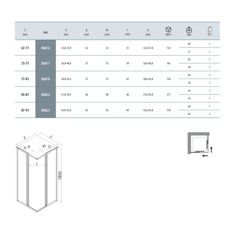 Corner shower cubicle Corner shower enclosure 80 x 80 cm with sliding doors in white profile Samo America B6818L01TR