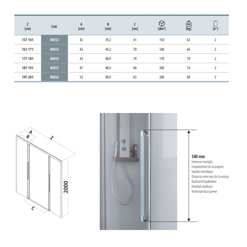 Corredizo Mampara de ducha corredera de cuatro puertas, instalación en nicho 160 cm SAMO Acrux B8852L90TR