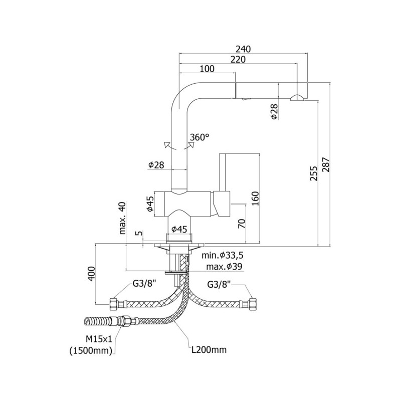 Kitchen taps with shower head Kitchen sink mixer with double jet extractable shower Paffoni Light LIG285CR-MET