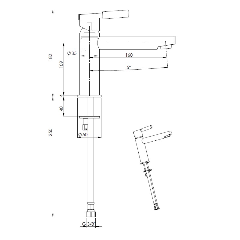 Rubinetti Lavabo Monoleva Miscelatore per lavabo canna prolungata nero opaco maniglia in pietra FP Pattaroni UNIC° U-MFLG-BLKMRB