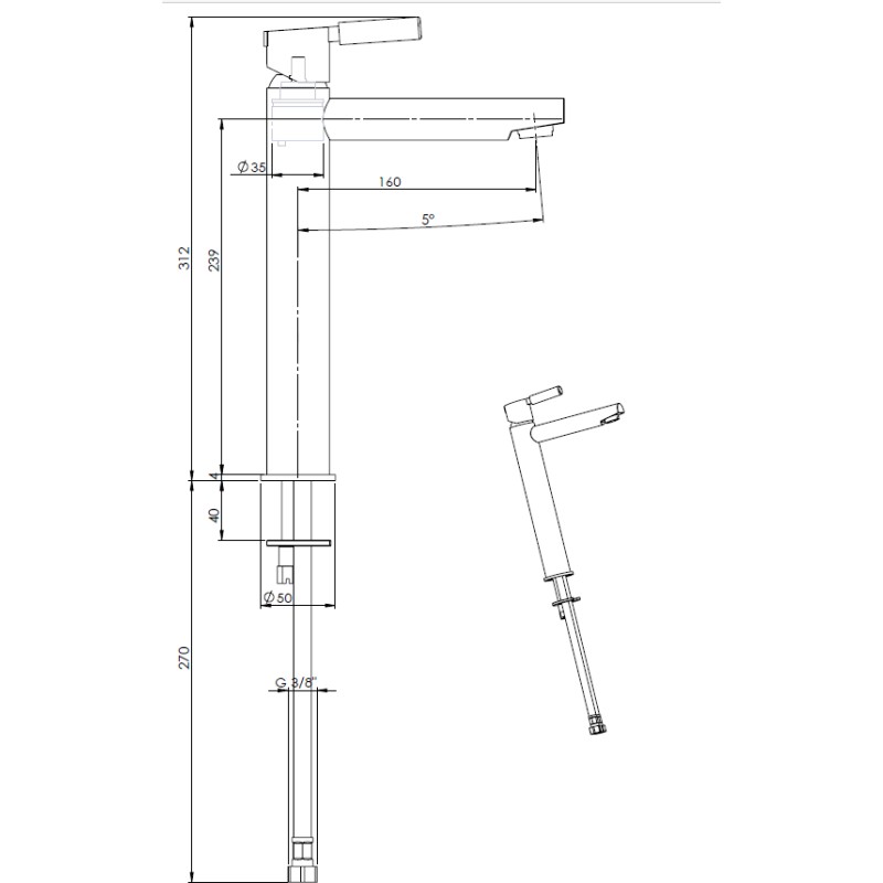 Rubinetti alti per bacinella Miscelatore per lavabo canna alta nero opaco con maniglia in pietra FP Pattaroni UNIC° U-MFH-BLKMRB