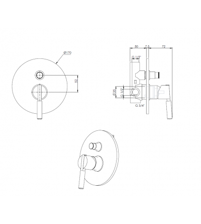 Unterputz Duscharmaturen Einbau-Brausemischer mit mattschwarzem Umsteller und Steingriff FP Pattaroni UNIC° U-SHW01-BLKMRB03