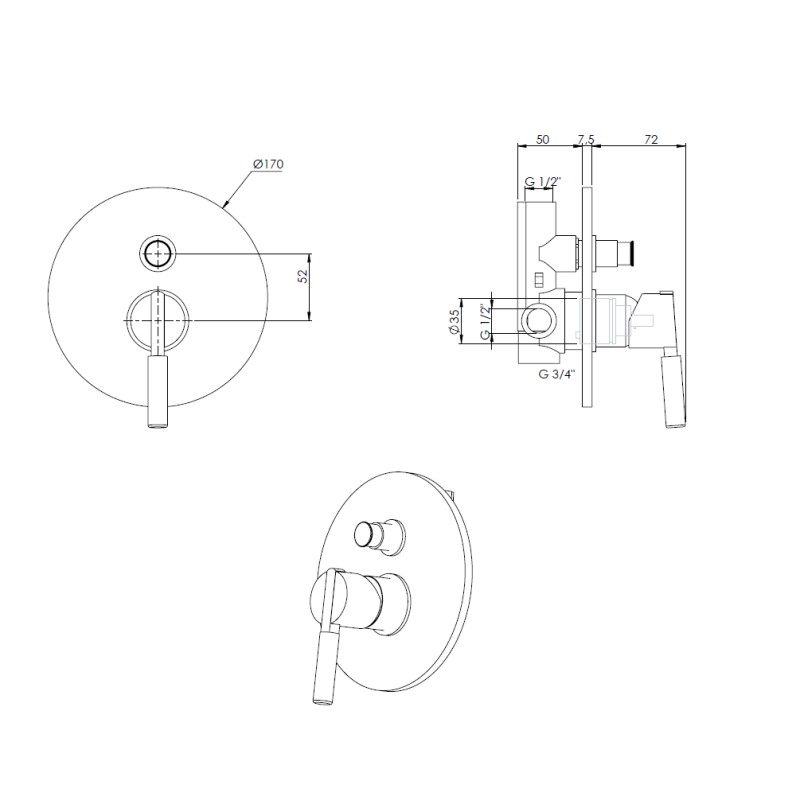 Unterputz Duscharmaturen Einbau-Brausemischer mit mattschwarzem Umsteller und Steingriff FP Pattaroni UNIC° U-SHW01-BLKMRB03