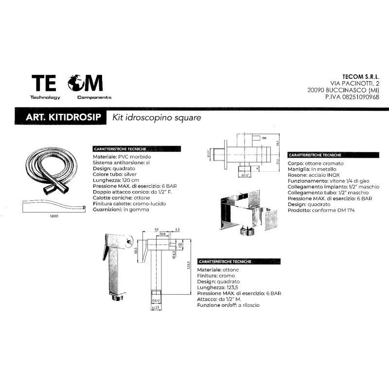 Idroscopini Kit doccia igenica per puliza WC modello quadro Tecom KITIDROS