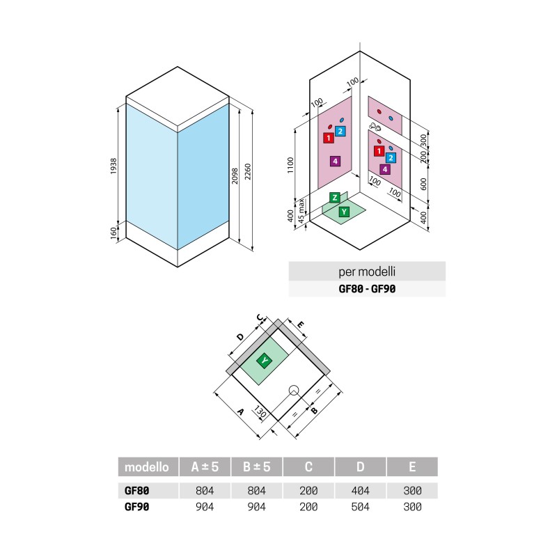 Standard shower enclosures Shower cabin 90 x 90 opening with 1 hinged door and 1 fixed side door Novellini Media Glass GF MEGGF9