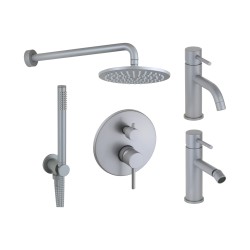 Kit miscelatori lavabo bidet e kit doccia modello tondo in colore grigio metallizzato Pollini Jessy Color KITJESSYCOLORA12