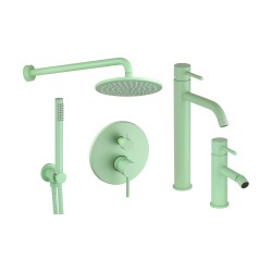 Kit mitigeur lavabo bidet haut et kit de douche modèle rond de couleur vert clair Pollini Jessy Color KITJESSYCOLORA23