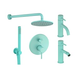 Kit miscelatori lavabo bidet e kit doccia modello tondo in colore azzurro acqua Pollini Jessy Color KITJESSYCOLORA62