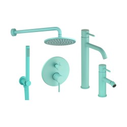 Kit miscelatori lavabo alto bidet e kit doccia modello tondo in colore azzurro acqua Pollini Jessy Color KITJESSYCOLORA63