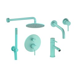 Kit miscelatori lavabo a muro bidet e kit doccia modello tondo colore azzurro acqua Pollini Jessy Color KITJESSYCOLORA64