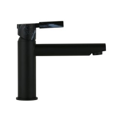 Mezclador de lavabo con caño extendido negro mate y mango de piedra FP Pattaroni UNIC° U-MFLG-BLKMRB05