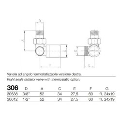 Thermostatisches Eckventil rechte Ausführung Ø3/8" Gas Arteclima 30638