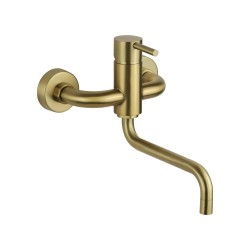 Wall mounted kitchen sink mixer in brushed gold PVD stainless steel with swivel spout Pollini Acqua Design AP2071C